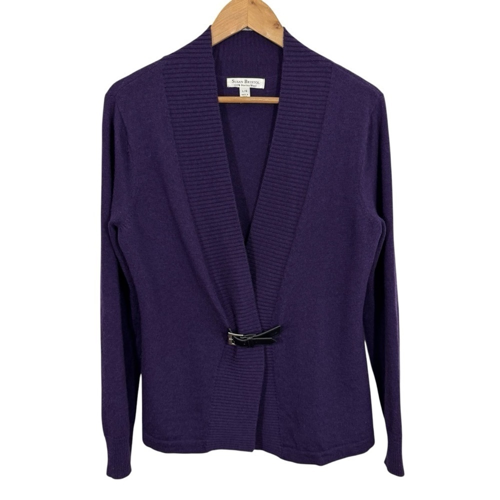 Susan Bristol 100% Merino Wool Wrap Sweater Womens L Eggplant Purple Belted GUC